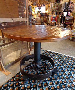 Table built from a steam tractor wheel